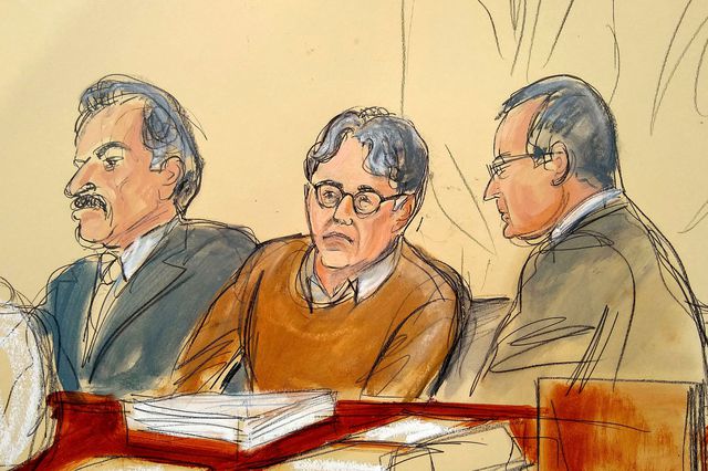 A courtroom sketch of Keith Raniere from May 2019